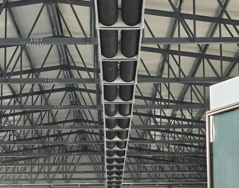 Radiant diffusers, tubes, and strips, warehouse with pipes