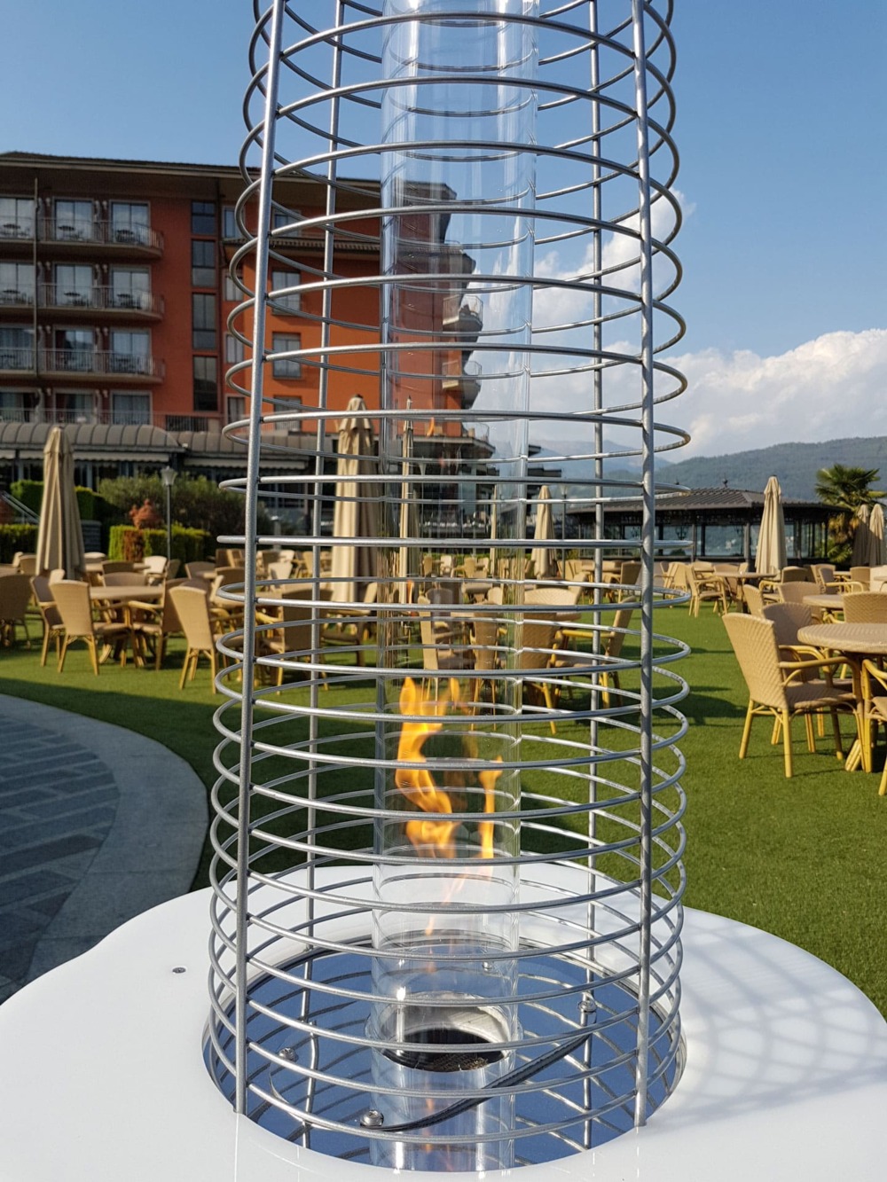 Outdoor heating stoves lit with flames for bars and restaurants with outdoor space