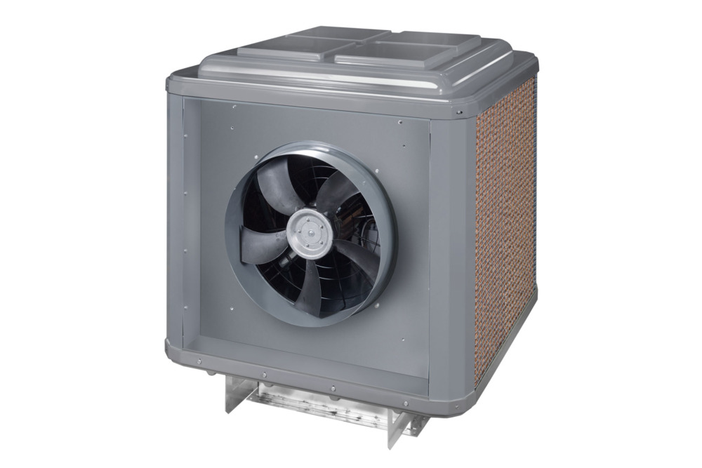 Gray evaporative coolers with a fan